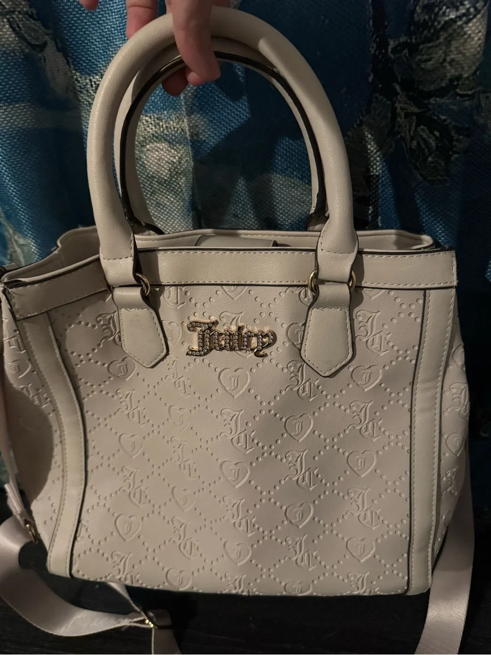 Juicy Couture Ivory Embossed Satchel with Crystal Logo